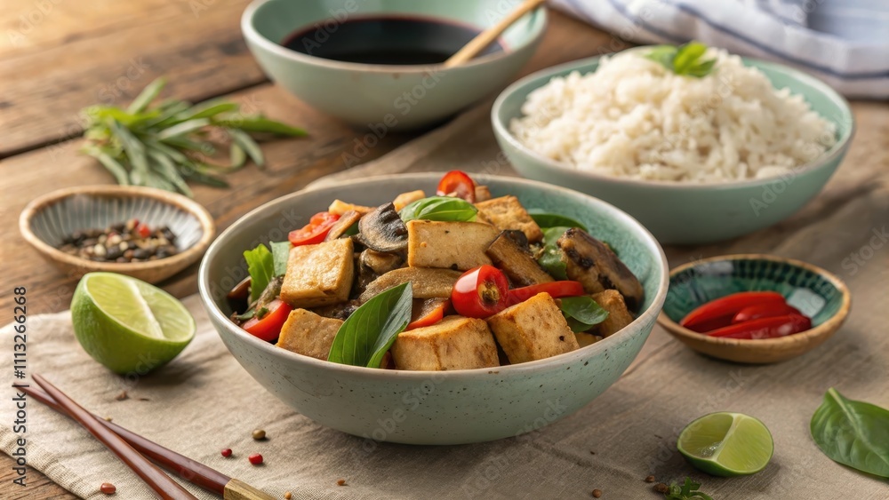 Vegetarian Thai Basil Stir-Fry with Tofu and Rice on Table Vegetarian Thai Basil Stir-Fry with Tofu and Rice on Table