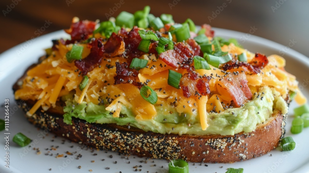 A close-up of a piece of avocado toast with bacon, shredded cheese, and green onions. The toast is on a white plate and there are scattered poppy seeds on the plate. A close-up of a piece of avocado toast with bacon, shredded cheese, and green onions. The toast is on a white plate and there are scattered poppy seeds on the plate.