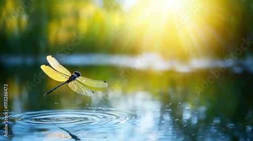 A dragonfly hovering above a calm pond, with its wings catching the sunlight photo