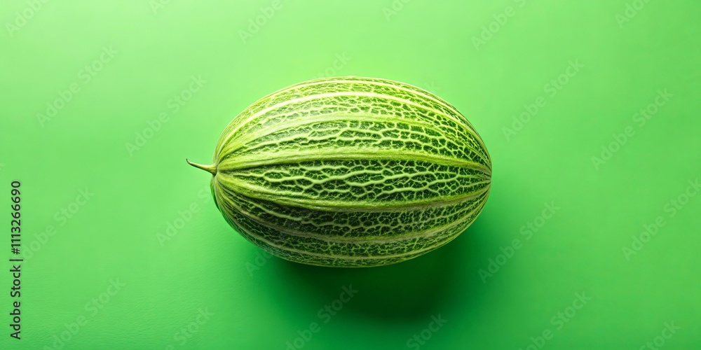 A single, whole green melon rests on a vibrant green background A single, whole green melon rests on a vibrant green background
