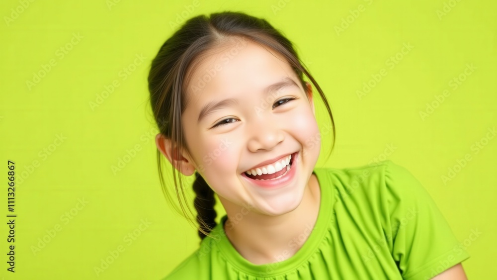 Bright Young Girl Smiling Happily in Green Shirt on Vibrant Yellow Background, Perfect for Kids' Clothing or Happy Themed Designs Bright Young Girl Smiling Happily in Green Shirt on Vibrant Yellow Background, Perfect for Kids' Clothing or Happy Themed Designs