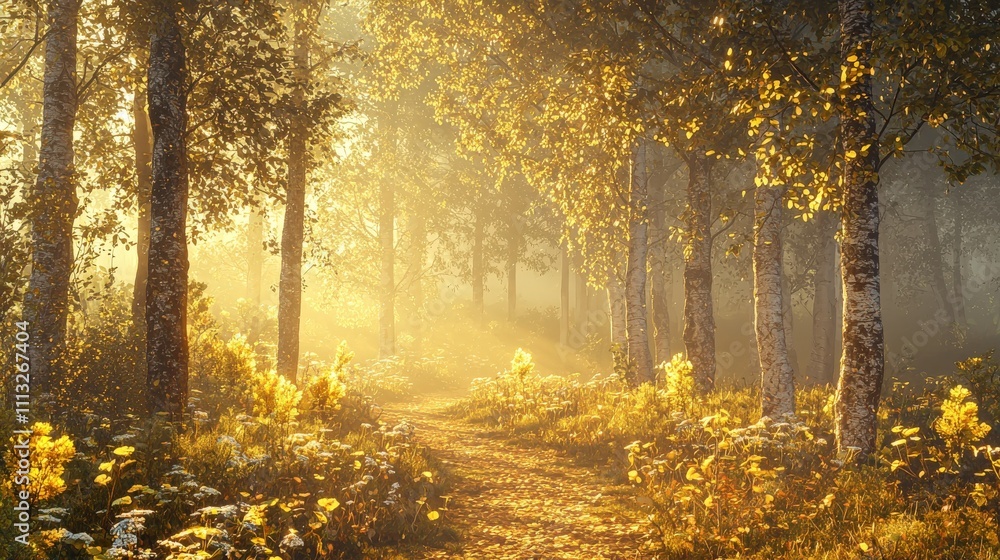 Fototapeta premium A serene forest path illuminated by golden sunlight, surrounded by trees and vibrant foliage, creating a tranquil, picturesque atmosphere.