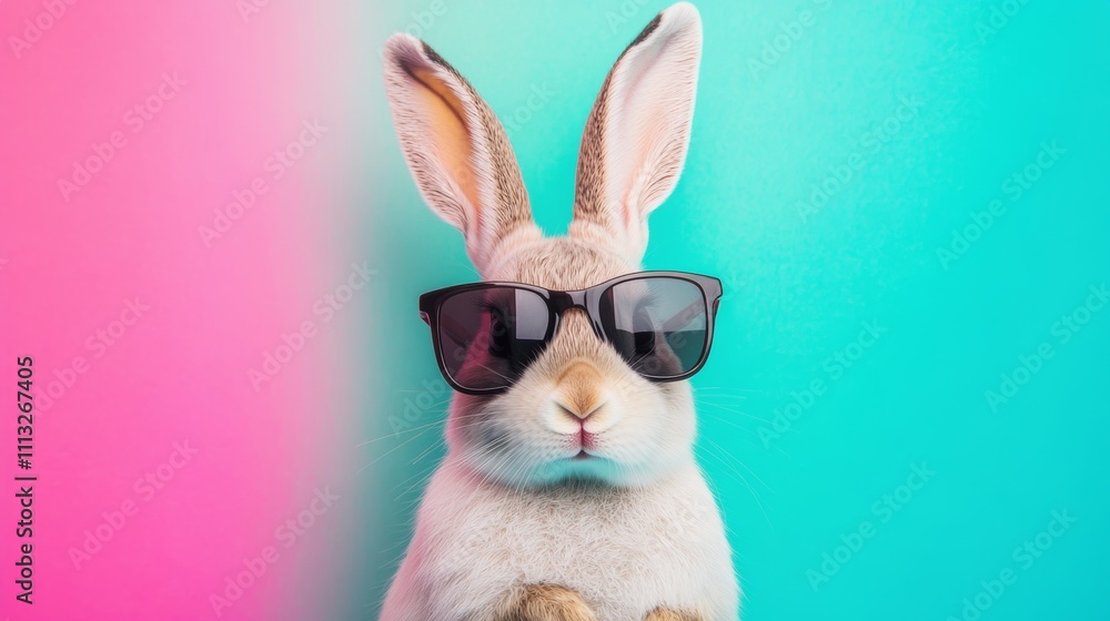 Cool bunny wearing sunglasses poses against a vibrant pink and teal background for a trendy and fun look Cool bunny wearing sunglasses poses against a vibrant pink and teal background for a trendy and fun look