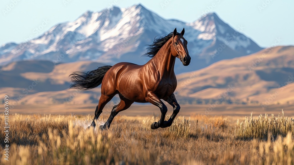 A majestic brown horse gallops through a golden field, with snow-capped mountains in the background under a clear blue sky. A majestic brown horse gallops through a golden field, with snow-capped mountains in the background under a clear blue sky.