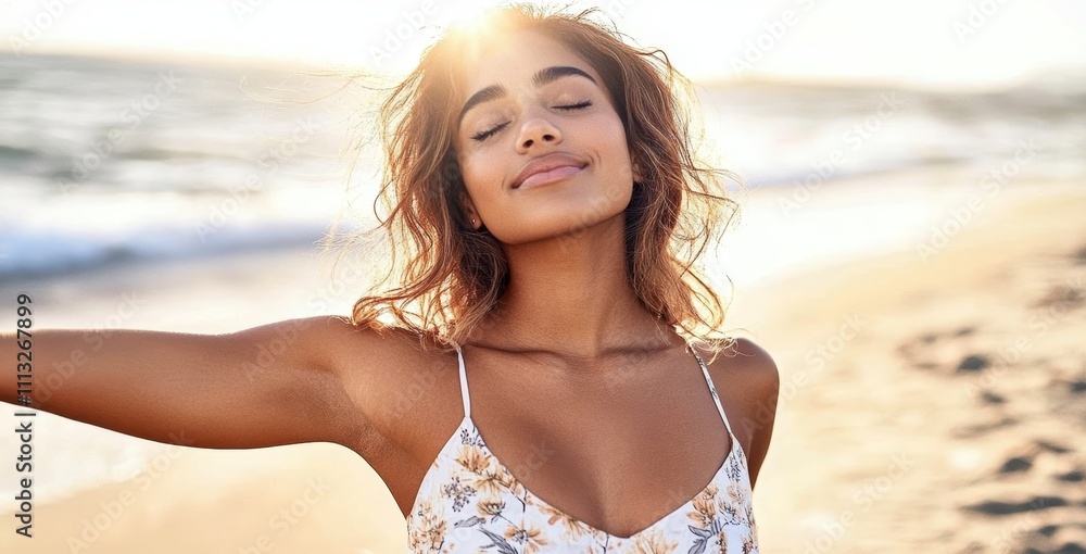 Young woman enjoying nature at beach with serene expression and floral dress surrounded by ocean waves Young woman enjoying nature at beach with serene expression and floral dress surrounded by ocean waves