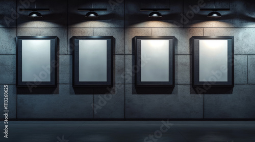 Fototapeta Naklejka Na Ścianę i Meble -  Blank movie posters illuminated by spotlights. Vector realistic mockup of white picture in black frames on gray tiled wall in cinema, theater hallway or gallery. Empty advertising banners with lamps