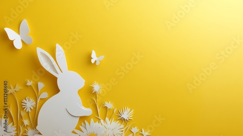 Happy Easter greeting card featuring a white paper cut bunny and butterflies on a cheerful yellow background photo