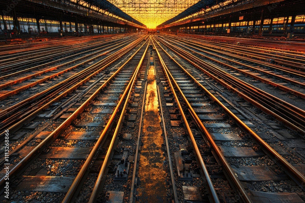 A vibrant sunset casts golden rays over a railway yard, showcasing an array of tracks converging towards the horizon. A vibrant sunset casts golden rays over a railway yard, showcasing an array of tracks converging towards the horizon.