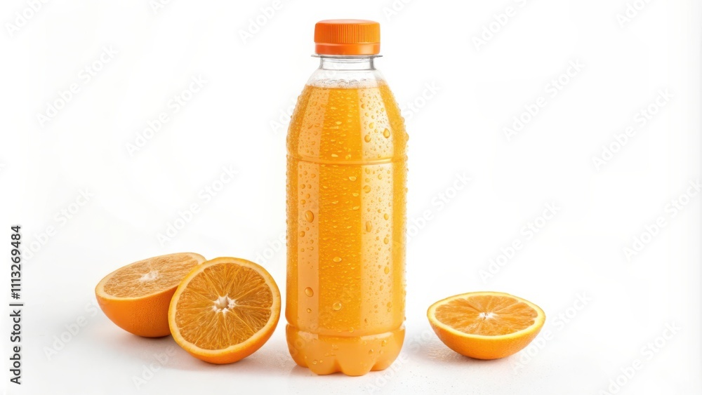 Refreshing Orange Soft Drink in a Bottle With Fresh Oranges on a White Background. Generative AI Refreshing Orange Soft Drink in a Bottle With Fresh Oranges on a White Background. Generative AI