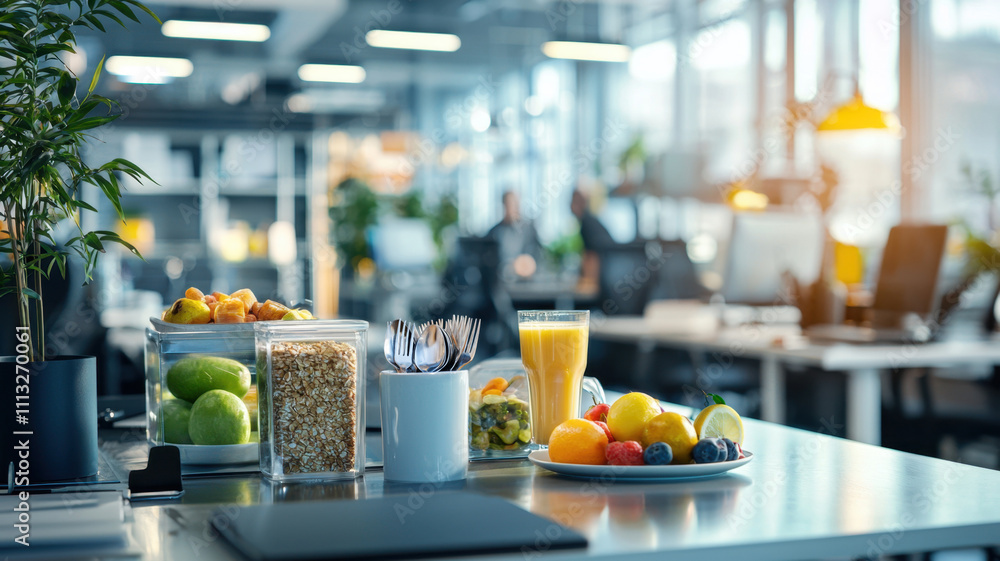Free Meals Office. A bright office scene featuring a healthy snack table with fruits, granola, and a drink, emphasizing a vibrant workspace environment. Free Meals Office. A bright office scene featuring a healthy snack table with fruits, granola, and a drink, emphasizing a vibrant workspace environment.
