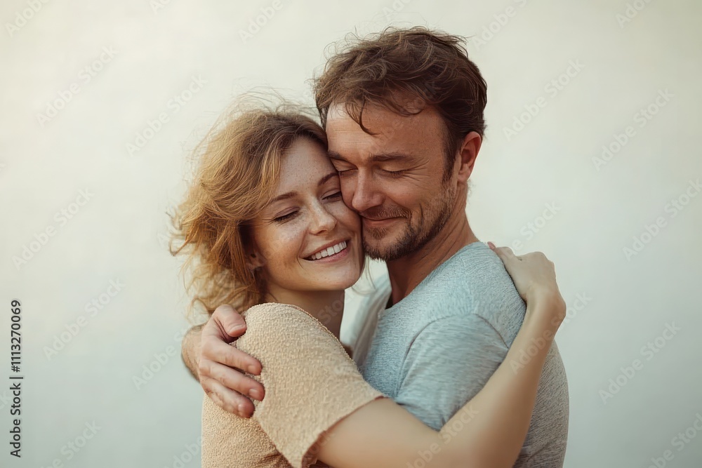 Fototapeta premium Cuddling Senior Couple Laughing Happy Enjoying Affectionate Moments Together Isolated on White Wall