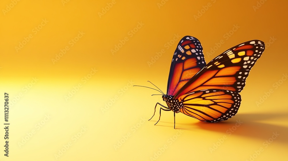 Fototapeta premium A vibrant butterfly resting on a smooth yellow surface, showcasing its colorful wings.