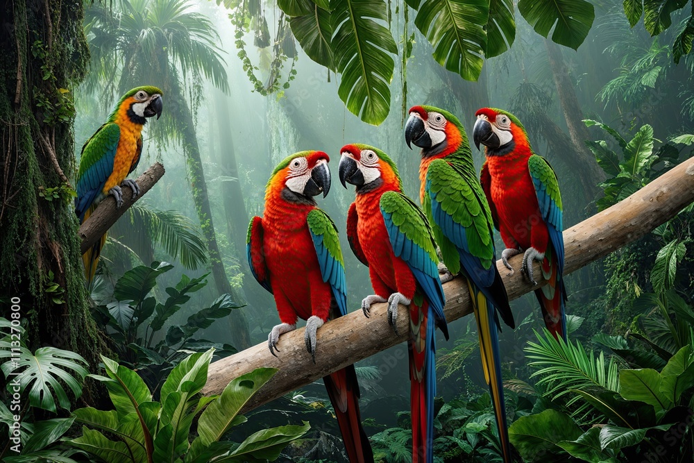 Obraz premium Vibrant Tropical Rainforest Featuring Colorful Parrots and Exotic Foliage