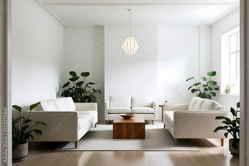 Fototapeta premium Minimalist living room with white sofas, wooden coffee table, and potted plants.