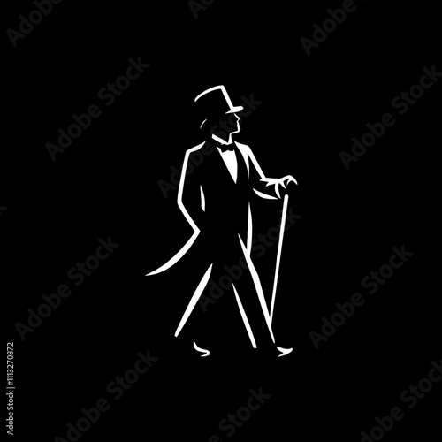 gentleman wear suit and tophat walking with stick	