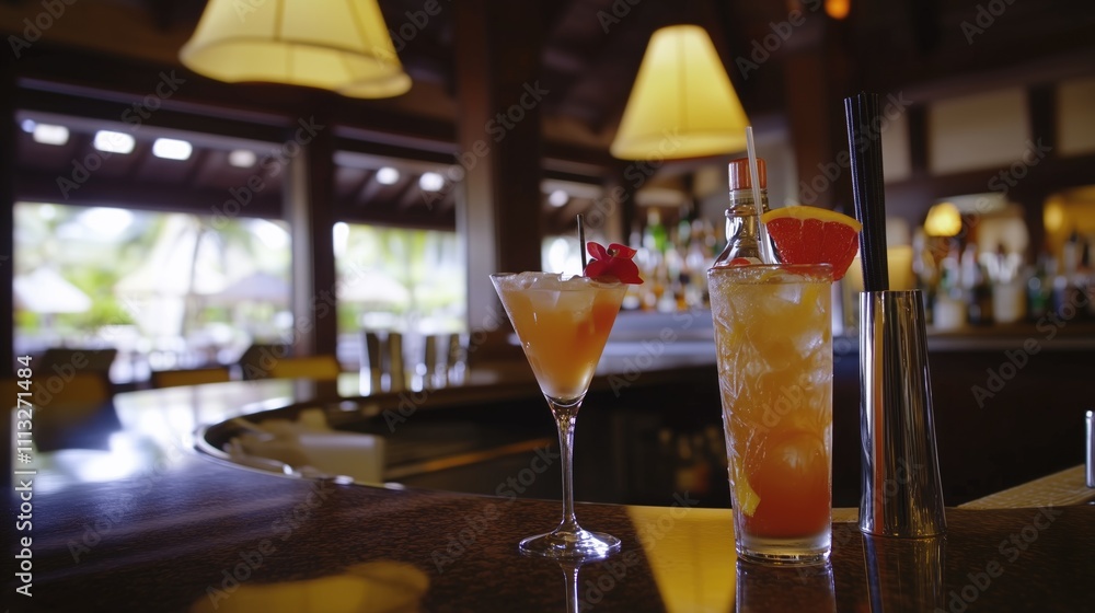 Two colorful cocktails on a bar counter, showcasing a vibrant and relaxing atmosphere. Two colorful cocktails on a bar counter, showcasing a vibrant and relaxing atmosphere.