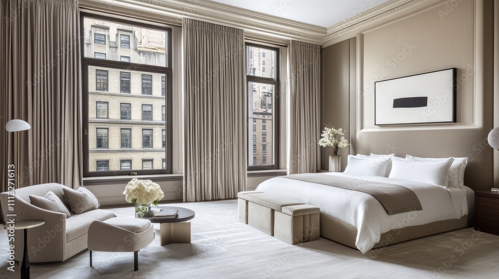 Fototapeta premium Modern minimalist bedroom design with large windows and elegant decor