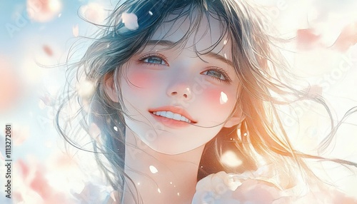 Portrait of a Young Woman in Bright Sunlight with Flowing Hair and Falling Flowers