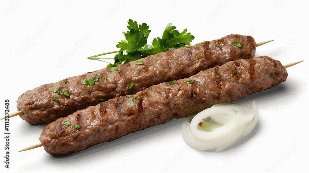 Beef kebab with fresh garnish satisfies. Grilled meat skewers with herbs and onions Beef kebab with fresh garnish satisfies. Grilled meat skewers with herbs and onions