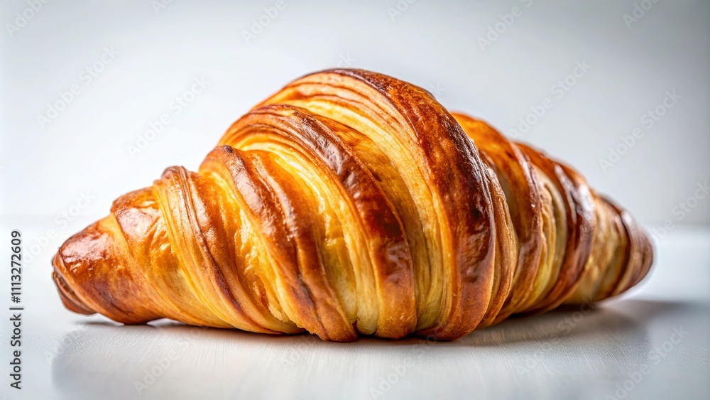 A golden-brown croissant, freshly baked and ready to enjoy, rests on a pristine white surface, showcasing its flaky layers and delicious texture. A golden-brown croissant, freshly baked and ready to enjoy, rests on a pristine white surface, showcasing its flaky layers and delicious texture.