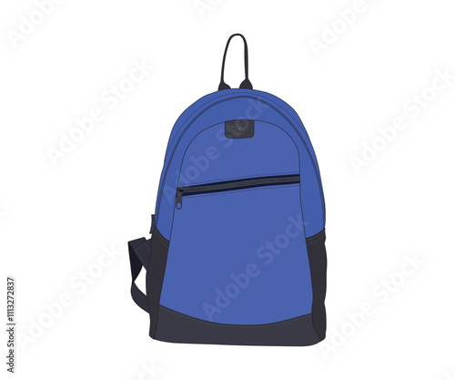 Blue backpack vector illustration isolated on white background, Front view of white textile backpack, Stylish blue school backpack, User friendly backpack, Vector design, clip art.