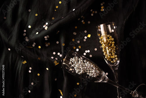 Foto champagne glasses with silver and gold beads inside on top of silver and gold co