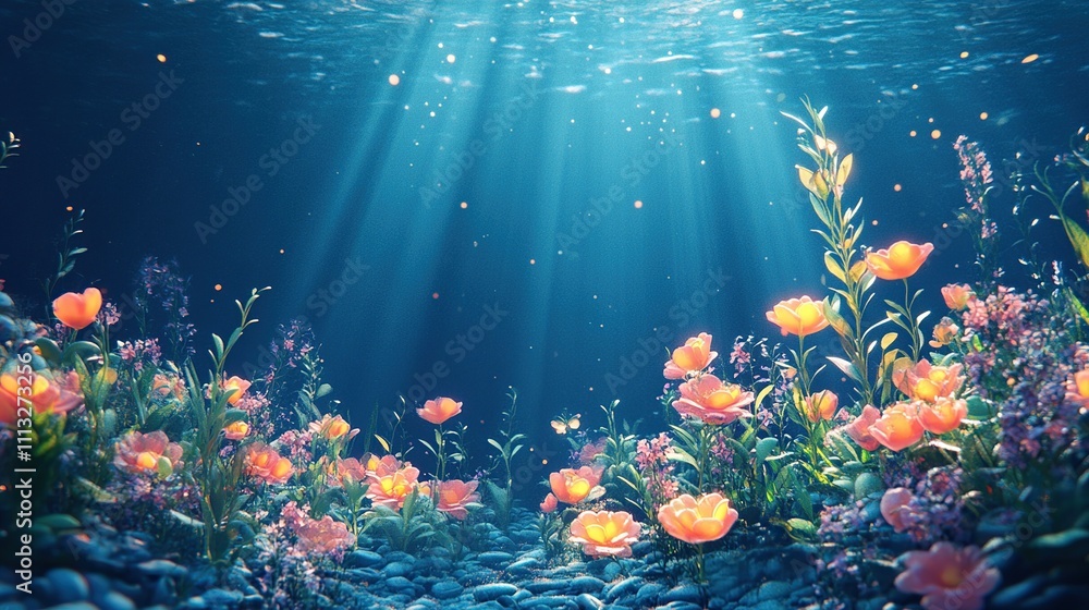 Naklejka premium An underwater scene filled with colorful flowers and gentle light rays.