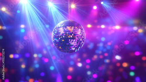 Music stage. Dance floor. Disco ball show performance begin with lighting and amplifier. Led screen concert illuminated by spotlights