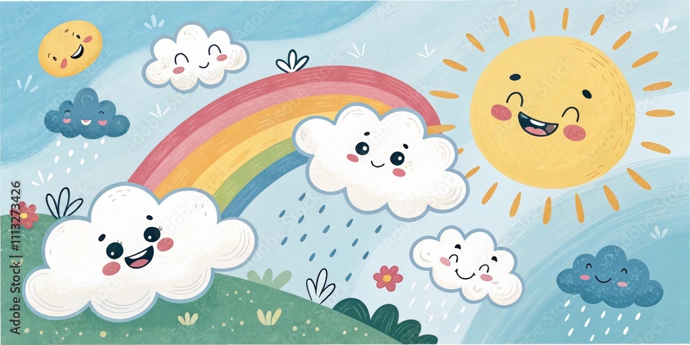 Cheerful cartoon clouds and rainbow with smiling sun in a whimsical sky scene Cheerful cartoon clouds and rainbow with smiling sun in a whimsical sky scene