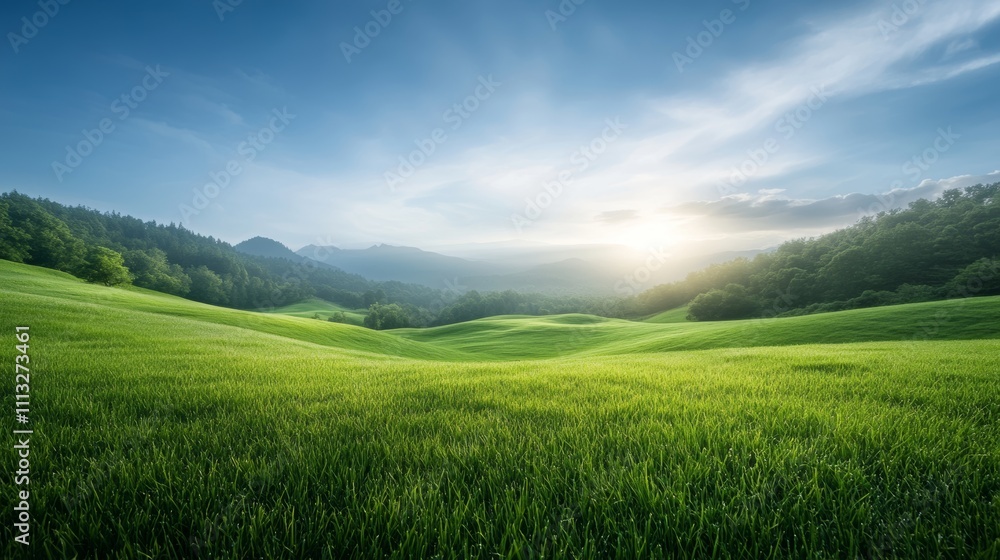 Serene Green Landscape with Mountains and Soft Sky at Dawn Serene Green Landscape with Mountains and Soft Sky at Dawn