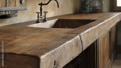 Rustic Wooden Kitchen Countertop with Deep Sink and Antique Faucet