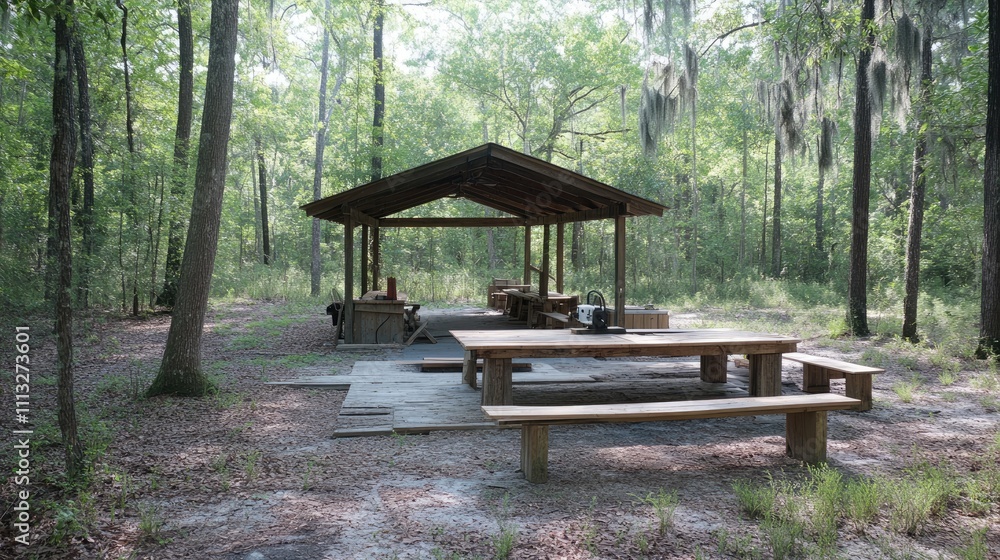 Scenic Outdoor Pavilion Surrounded by Lush Green Forest Landscape Scenic Outdoor Pavilion Surrounded by Lush Green Forest Landscape