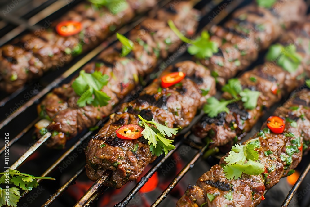 Beef kebab with fresh garnish satisfies. Grilled meat skewers with herbs and spices