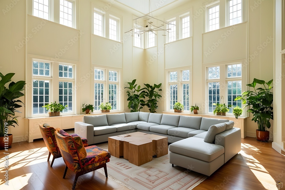 Fototapeta premium Sunlit living room with large windows, L-shaped sofa, coffee table, and potted plants.