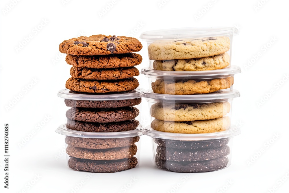 Plastic container stacked with assorted cookies on a plain white background Plastic container stacked with assorted cookies on a plain white background