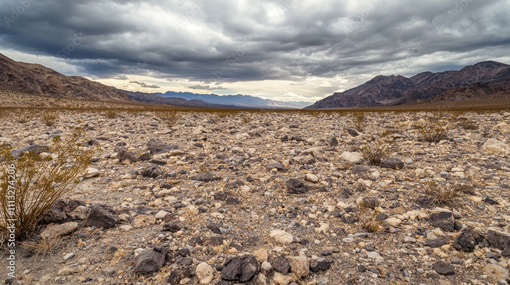 A barren, rocky landscape with no signs of life, stretching endlessly under a grey, overcast sky. A barren, rocky landscape with no signs of life, stretching endlessly under a grey, overcast sky.