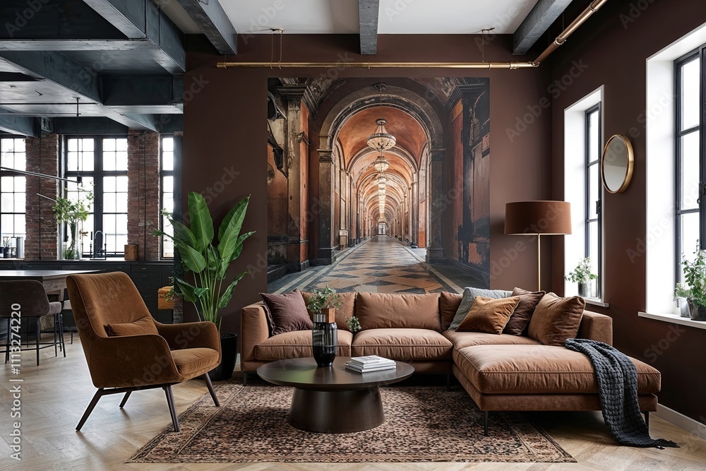 Fototapeta premium Stylish Urban Industrial Living Room Mockup Featuring Elegant Mural and Deep Brown Accents
