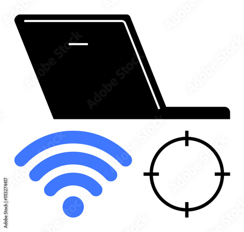 Laptop beside blue wireless signal and black target aim symbol. Ideal for technology, wireless connectivity, digital marketing, online targeting, remote work, internet services, cybersecurity. Line