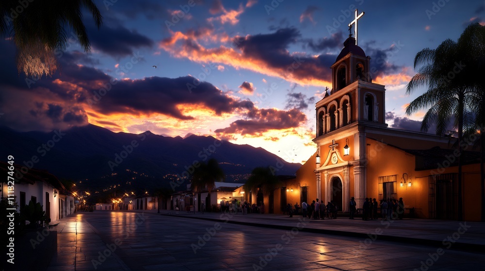 Sunset over town square with church and mountains. Sunset over town square with church and mountains.