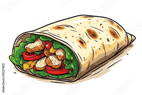 Colorful Burrito Illustration with Chicken, Lettuce, Tomato in Tortilla Drawing photo