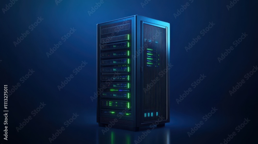 Powerful network server rack with glowing green lights, data center technology and reliable connectivity Powerful network server rack with glowing green lights, data center technology and reliable connectivity