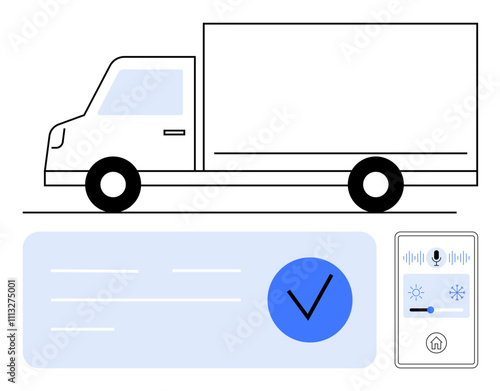 Delivery truck with technological interface showcasing a checkmark and control panel with temperature and microphone icons. Ideal for logistics, delivery, technology, automation, apps, fleet