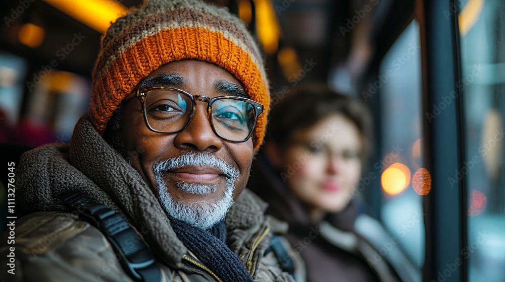 A smiling man in a hat sits on a bus, with a woman in the background. A smiling man in a hat sits on a bus, with a woman in the background.