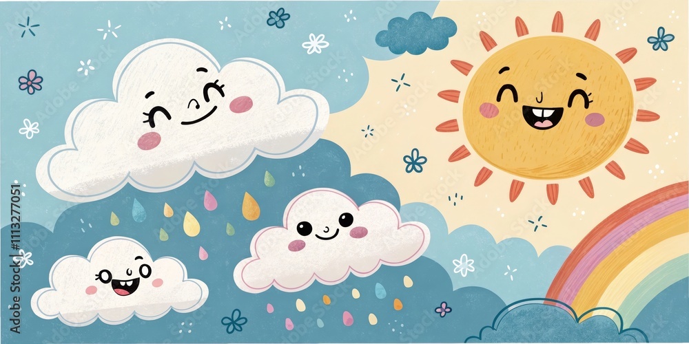 Cute cartoon clouds and cheerful sun with rainbow and raindrops on a sunny day Cute cartoon clouds and cheerful sun with rainbow and raindrops on a sunny day