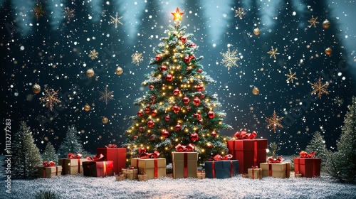 Christmas Tree with Presents Under Bright Lights and Star Decoration
