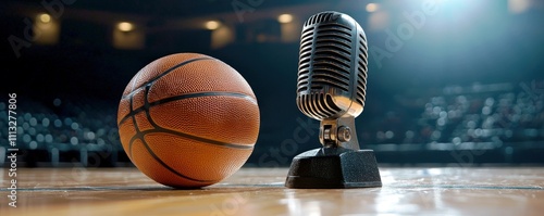 Basketball on Court with Vintage Microphone for Sports Commentary