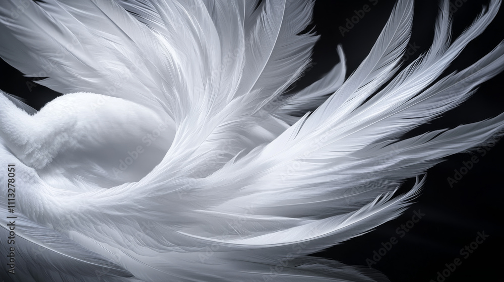 Fototapeta premium Realistic 3d detailed white swan feathers on a black background. Vector illustration. Falling feathers abstract light composition