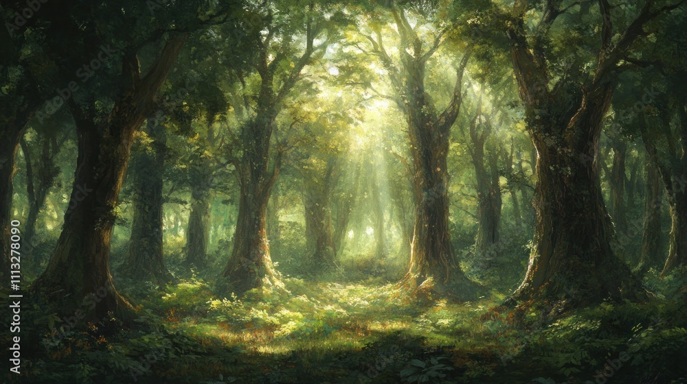 Sunlit Forest Path: A Digital Painting of Tranquil Nature Sunlit Forest Path: A Digital Painting of Tranquil Nature