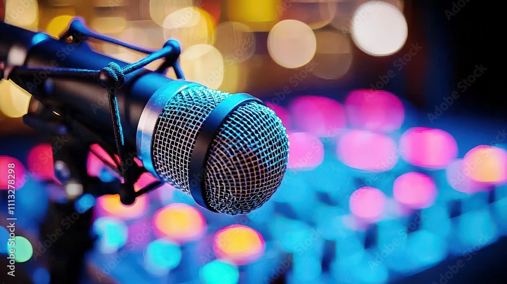 Obraz premium Close-Up of Microphone with Colorful Background Bokeh Lights