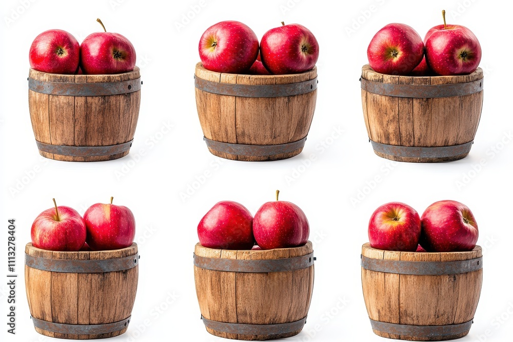 Set of Apples in a wooden barrel isolated in white background Set of Apples in a wooden barrel isolated in white background